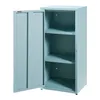 A light blue metal cabinet with its door open, revealing three shelves. Podgląd zdjęcia produktu