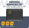 A black power bank with a yellow logo, set against a dark gray and light gray background with graphic elements. Icons and text below indicate product features. Produktbild-Vorschau