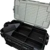 An open black tackle box with multiple compartments and a gray lid. Anteprima dell’immagine prodotto