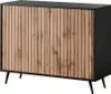 A black and wood-effect cabinet with slatted doors and black legs, presented on a white background. Produktbild-Vorschau