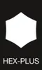 A white hexagonal shape with curved sides is centered on a black background, with the text "HEX-PLUS" below it. Produktbild-Vorschau