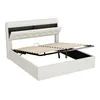 A white upholstered bed frame with its mattress support mechanism raised, revealing storage space underneath. Anteprima dell’immagine prodotto