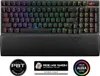 A black mechanical keyboard with RGB lighting and a wrist rest, shown with marketing badges at the bottom. Podgląd zdjęcia produktu