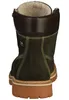The back view of a dark green leather boot with a brown leather collar and a tan sole. Voir les images du produit
