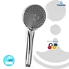 A chrome-plated hand shower with a white background and marketing elements. Produktbild-Vorschau