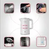 A collage of images showcasing a white electric kettle and its features. Produktbild-Vorschau