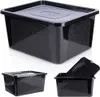 A collage of three images showing a black storage container with a textured pattern on the sides and a lid. Produktbild-Vorschau