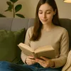 A woman is sitting on a couch and reading a book. Produktbild-Vorschau