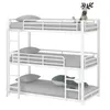 A white metal triple bunk bed with gray mattresses and pillows, and two stuffed animals on the top bunk. Náhled obrázku produktu