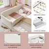 A collage of images showing a white upholstered daybed/bed frame with storage. The main image shows the bed from a high angle, with two sections. Smaller inset images highlight features like bed slats, drawers, side pockets, and raised side panels. The bac Podgląd zdjęcia produktu