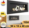 A collage of images showing a black bioethanol fireplace mounted on a wall, with marketing overlays. Náhled obrázku produktu
