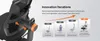 A close-up of an ergonomic chair's backrest and adjustment mechanism, with a timeline graphic illustrating product evolution. Náhled obrázku produktu