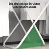 A close-up view of a white folding drying rack with a green triangle highlighting its structural support. Produktbild-Vorschau