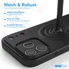 A black phone case with a black liquid being poured onto it, creating ripples. Text describes the features of the case. Produktbild-Vorschau