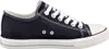 A side view of a navy blue canvas sneaker with white laces and a white sole. Produktbild-Vorschau