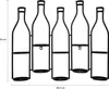 A black metal wine rack shaped like five bottles, mounted on a white background. Dimensions are indicated by measurement lines. Produktbild-Vorschau