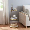 A side table with decorative items next to a sofa. Voir les images du produit