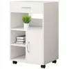 A white multi-functional cabinet with a drawer, shelves, and a door, mounted on wheels. Produktbild-Vorschau