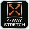 A graphic indicating 4-way stretch with arrows pointing outwards from the center, accompanied by text. Produktbild-Vorschau