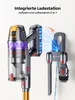 A cordless vacuum cleaner and its charging dock are mounted on a wall, with blue light effects indicating charging. Produktbild-Vorschau