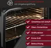 Interior of a black oven with cooking racks and a list of its functions displayed on red overlays. Produktbild-Vorschau
