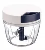 A manual food chopper with a clear plastic bowl and a white lid with a blue handle. Produktbild-Vorschau