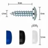 A diagram showing a screw with dimensions and three colored caps. Produktbild-Vorschau