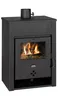 A black wood-burning stove with a glass door showing flames inside. Produktbild-Vorschau