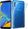 A transparent TPU phone case is shown, with a Samsung phone inside it. The phone is blue and displays a colorful wallpaper. Produktbild-Vorschau