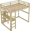 A wooden loft bed with a desk and shelves underneath, shown against a white background. Produktbild-Vorschau