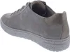 A side view of a grey suede sneaker with a textured sole and a gold textured heel. Produktbild-Vorschau