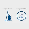 A graphic illustrating two features of a vacuum cleaner: compact design and suction power. Produktbild-Vorschau