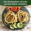 A plate of spaghetti with tomato slices and cucumber slices, with a promotional text overlay. Produktbild-Vorschau