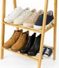 A wooden shoe rack with multiple shelves displaying various shoes. Podgląd zdjęcia produktu