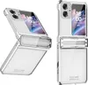Two views of a clear flip phone case with silver trim, shown in an open and closed state. Produktbild-Vorschau