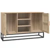 An open wooden sideboard with black metal legs is shown against a white background. Produktbild-Vorschau