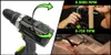 A collage showing a cordless drill and two examples of its use. Produktbild-Vorschau