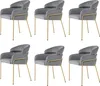 Six gray dining chairs with gold metal legs are arranged in two rows of three against a white background. Produktbild-Vorschau