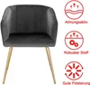 A dark gray velvet chair with gold metal legs is shown next to marketing icons and text. Produktbild-Vorschau