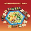 A board game setup with hexagonal tiles representing land, surrounded by game pieces, cards, and dice. Anteprima dell’immagine prodotto