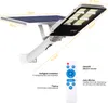A solar street light with a solar panel and a remote control, showing dimensions and feature descriptions. Anteprima dell’immagine prodotto
