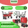 Collage of images showing a red foldable wagon in different states and highlighting its features. Produktbild-Vorschau