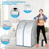A woman is standing next to a portable sauna tent, holding towels. The image also includes instructional diagrams for setting up the tent. Náhľad obrázku produktu