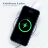 A smartphone in a blue case is placed on a wireless charger, indicating it is charging. Produktbild-Vorschau