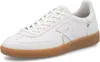 A white leather sneaker with a brown sole is shown from a side angle against a white background. Produktbild-Vorschau