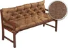 A brown tufted bench cushion on a wooden bench, with a close-up of the fabric texture in a circle. Produktbild-Vorschau