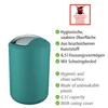 A teal trash can with a silver lid, next to a list of its features in German and English. Produktbild-Vorschau