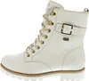 A side view of a white leather boot with beige laces and gold accents. Produktbild-Vorschau