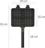 A top-down view of a black waffle iron with dimensions indicated by text and lines. Produktbild-Vorschau