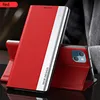 A red iPhone case with a silver stripe is shown in a studio setting, with another red iPhone case in the background. Produktbild-Vorschau